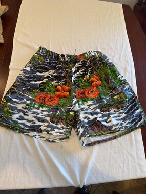 Birdwell Black Swim Trunks with Orange Floral Print Aloha!